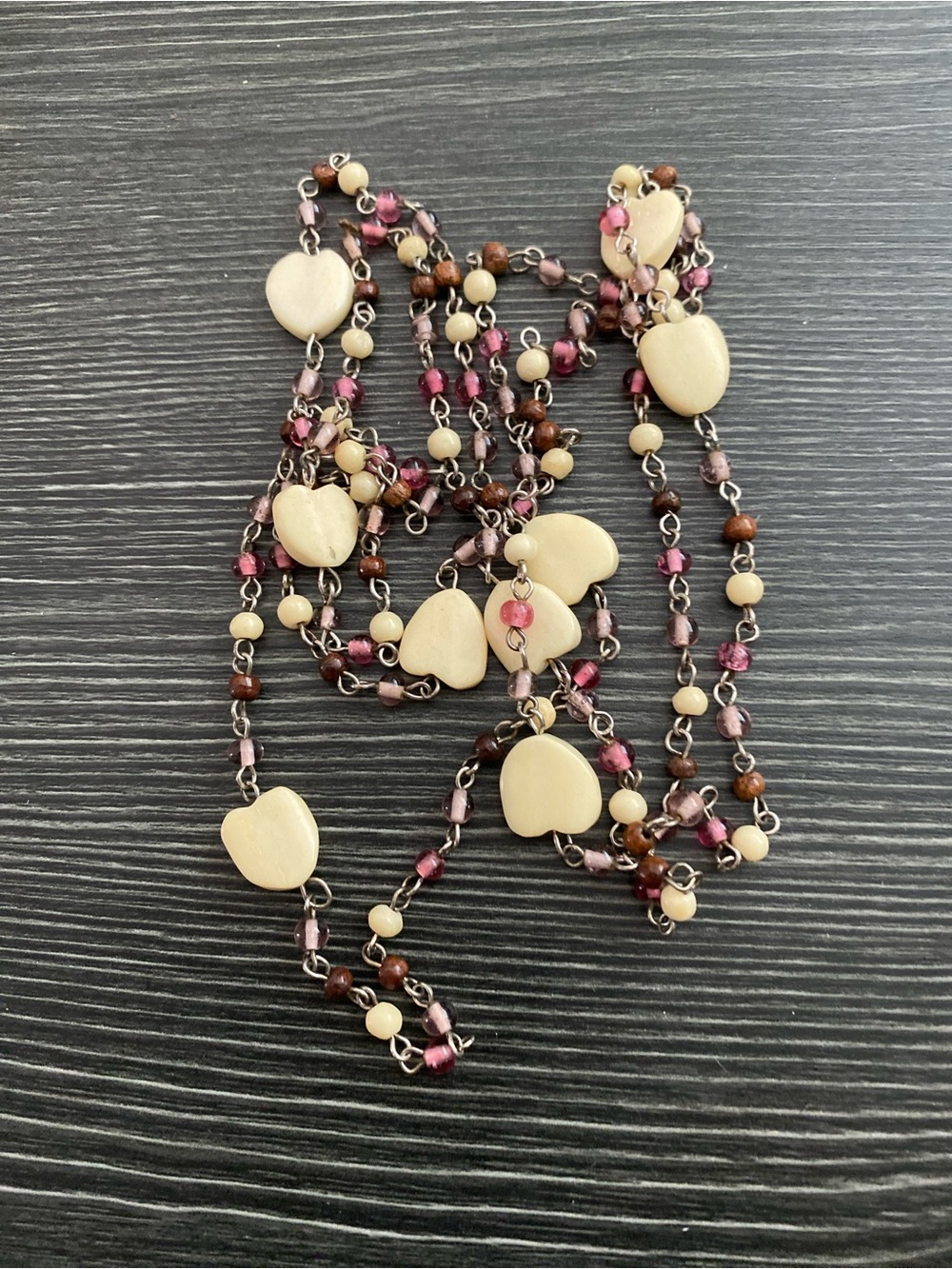 Heart Pendant Beaded Necklace - Cream & Pink